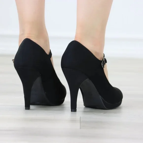 Black Rockabilly High Heels Ankle Strap Round Toe Classic Pumps Nubuck - Picture 7 of 12